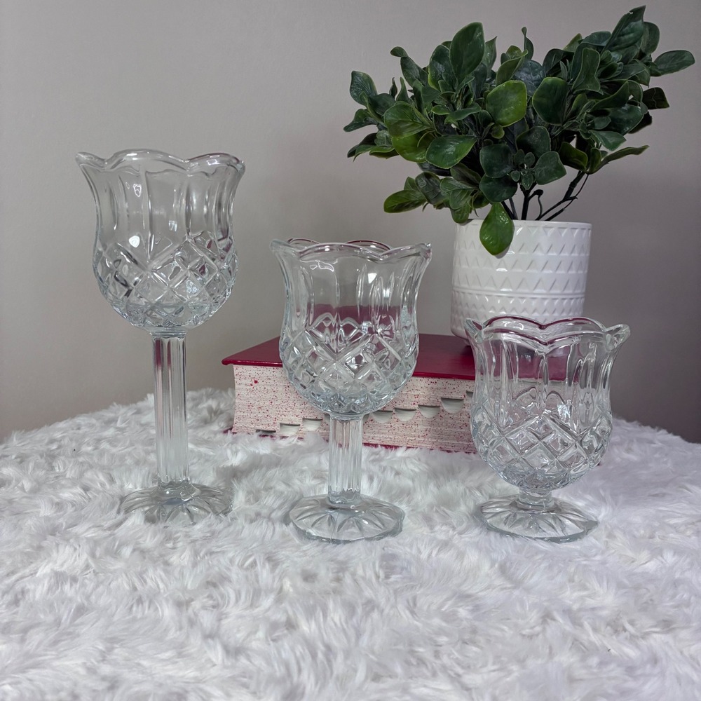 Libbey Vintage Clear Glass Diamond Cut Tulip Votive Candle Holder Set of 3
